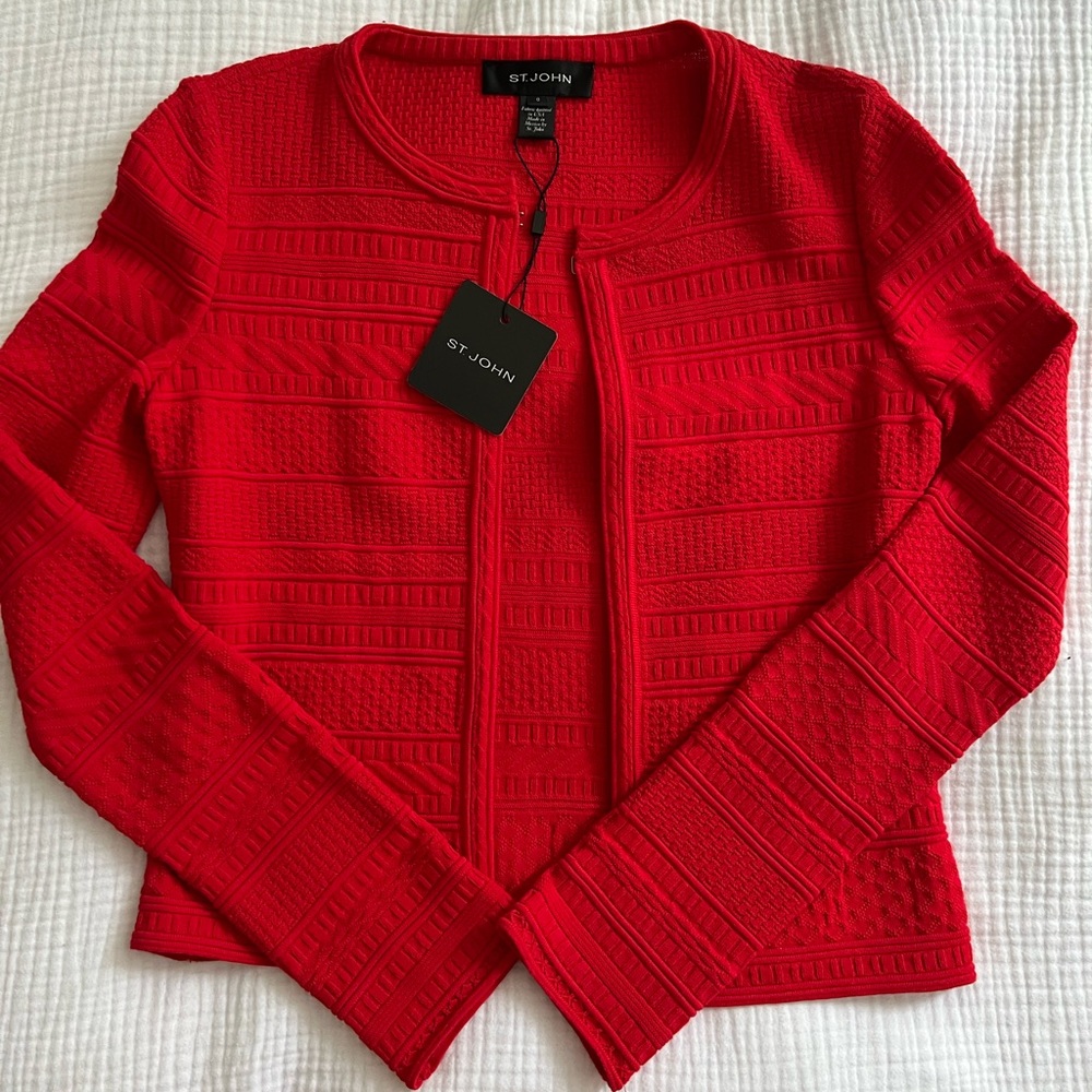 NWT St. John Granita Red Jacquard Knit Hook Blazer Jacket Cardigan 0 $995